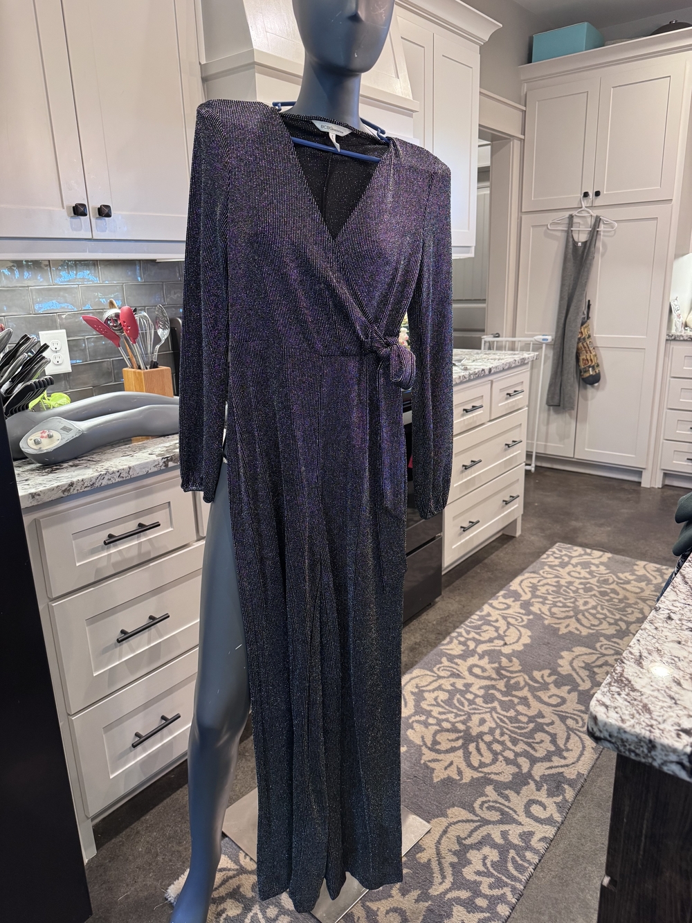 BCBGeneration Metallic Black/silver  Faux Wrap Jumpsuit